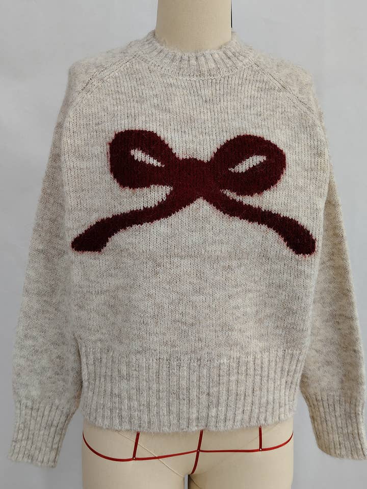 HIDDENBRAND - Wholesale Knit Sweater - Women's - Bow Jacquard Slouchy Knitted Sweater2