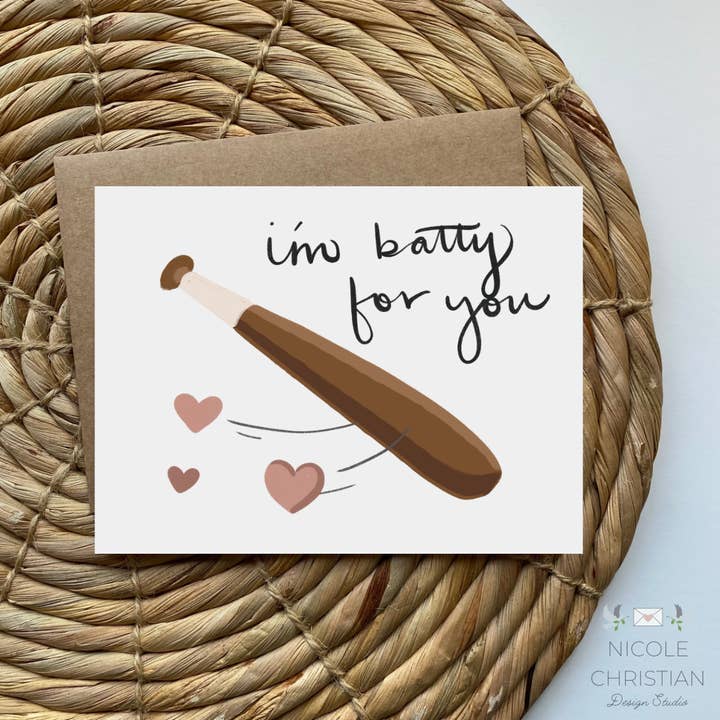 I'm batty for you baseball - Valentines Day Love Sports Card for wholesale by Nicole Christian - Illustration