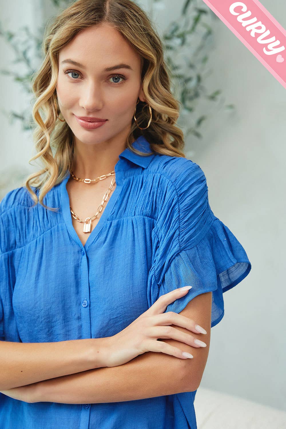 Sweet Lovely by Jen - Wholesale Button Down Shirt - Women's - PLUS SIZE CASUAL SHORT RUFFLE FLOWY SHIRT26