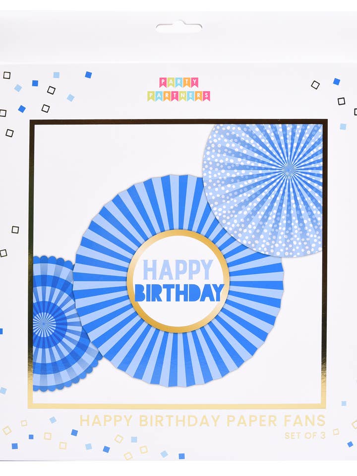 Éventail en papier bleu joyeux anniversaire pour la vente par Party Partners