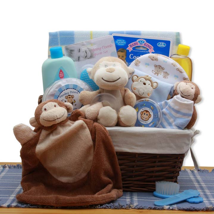 Panier cadeau New Little Monkey New Baby - Bleu pour la vente par Gift Basket Drop Shipping