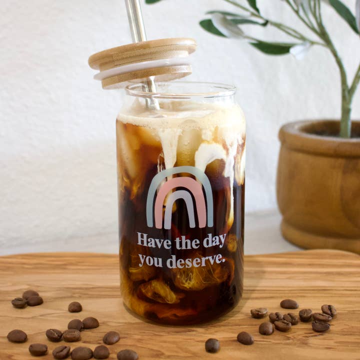 Olive & Emma - Wholesale Drinking Glass/Cup - Rainbow Iced Coffee Glass Cup with Bamboo Lid and Straw