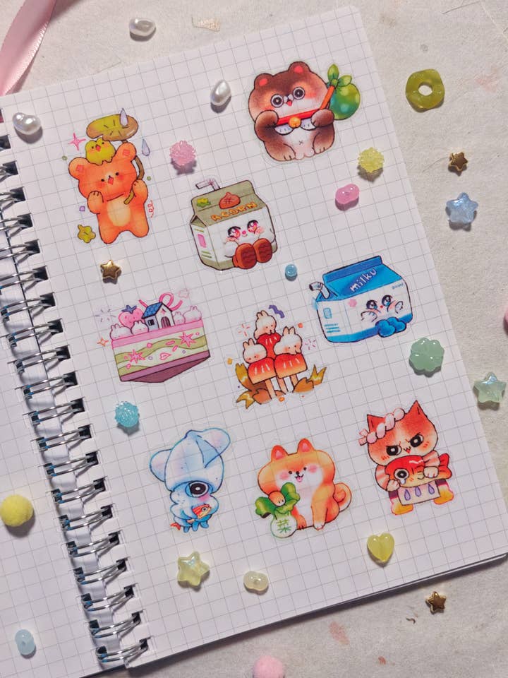 Transparent Whimsy Pals Glossy Vinyl Sticker Sheet for wholesale by Hokeii Pokeii