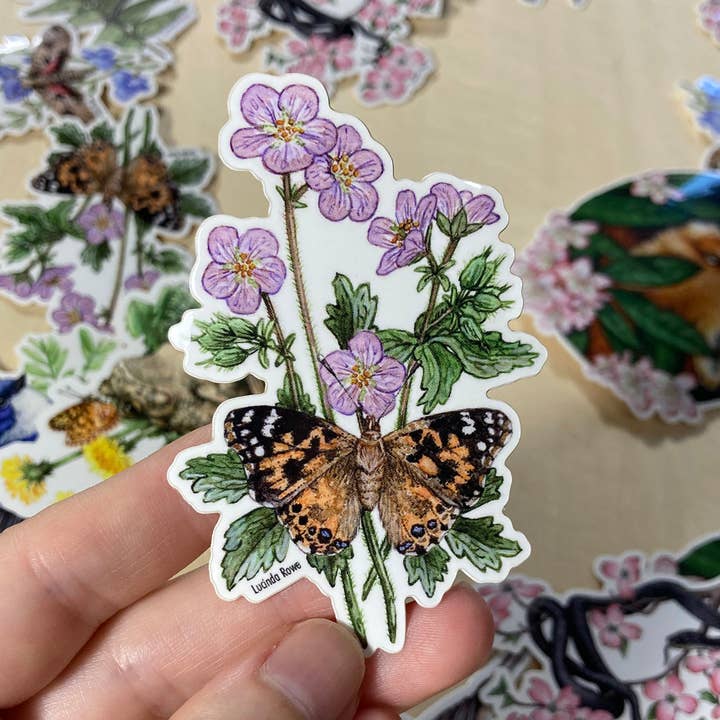 Sticker - Painted Lady Butterfly On Wild Geranium for wholesale by Lucinda Rowe Art