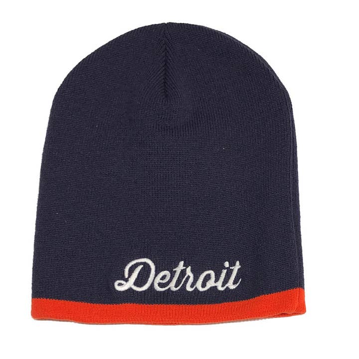Mütze — Detroit Thirsty Strickmütze mit Schriftzug — Marineblau/Orange für den Großhandel von Detroit Shirt Co.