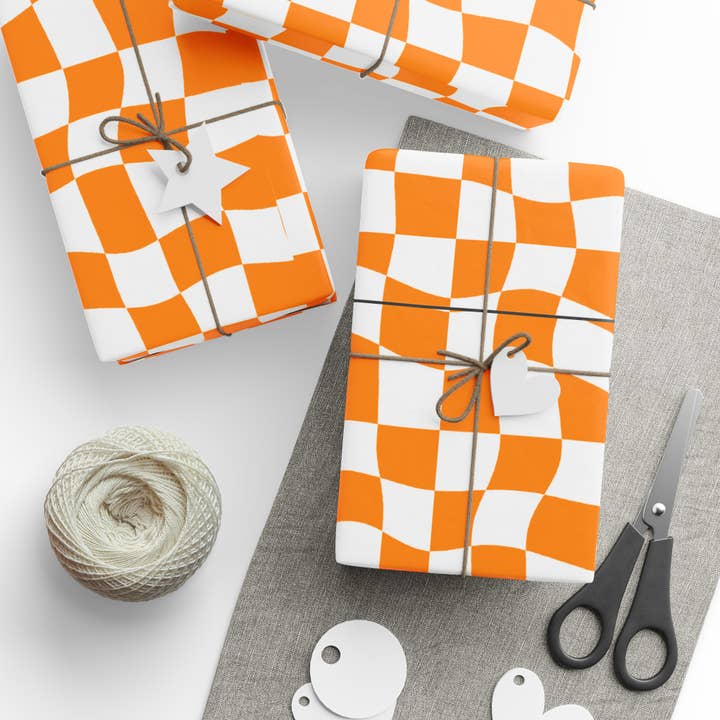 Orange Checkerboard Wrapping Paper Roll for wholesale by Hey Y'all Party