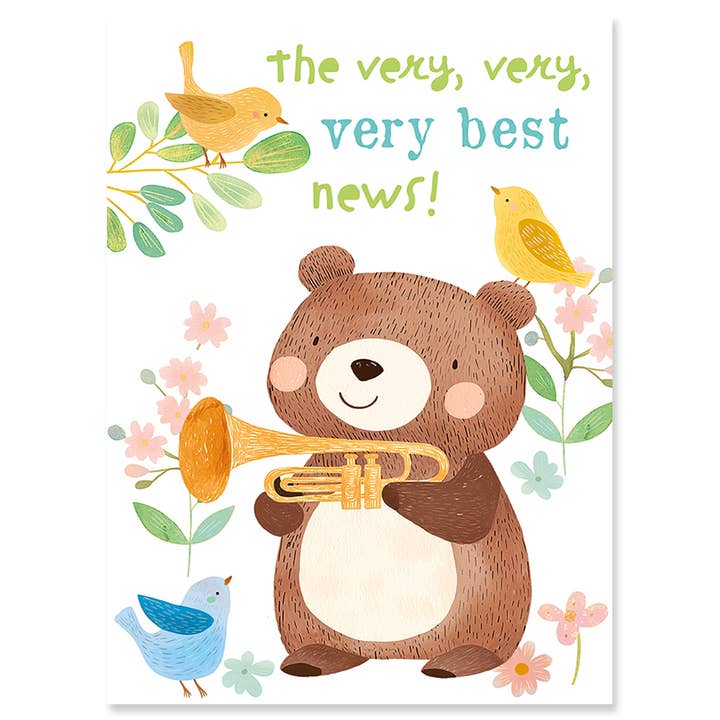 TRUMPET NEW BABY GREETING CARD 4.5 x 6.25" for wholesale by Calypso Cards LLC