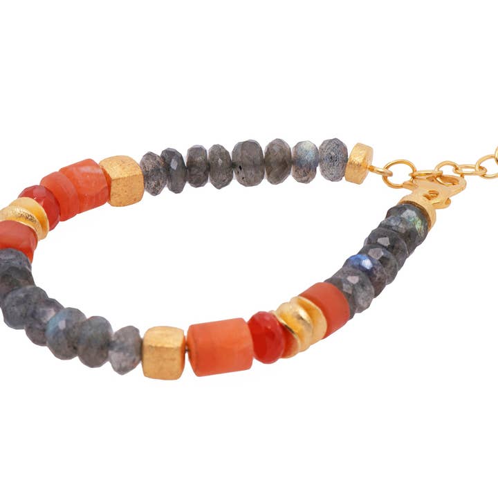 Carnelian and Labradorite Bracelet 8mm 24K Fair Trade Gold Vermeil for wholesale by Joyla Jewelry