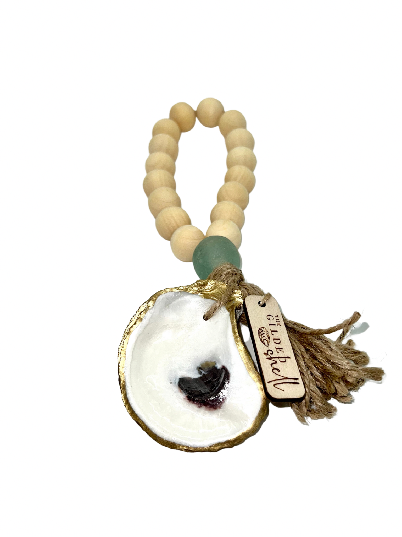 The Gilded Shell - Wholesale Decorative Tabletop Object - Lagoon - Natural Wood Bead Decor with Gold Oyster, Sea Glass7
