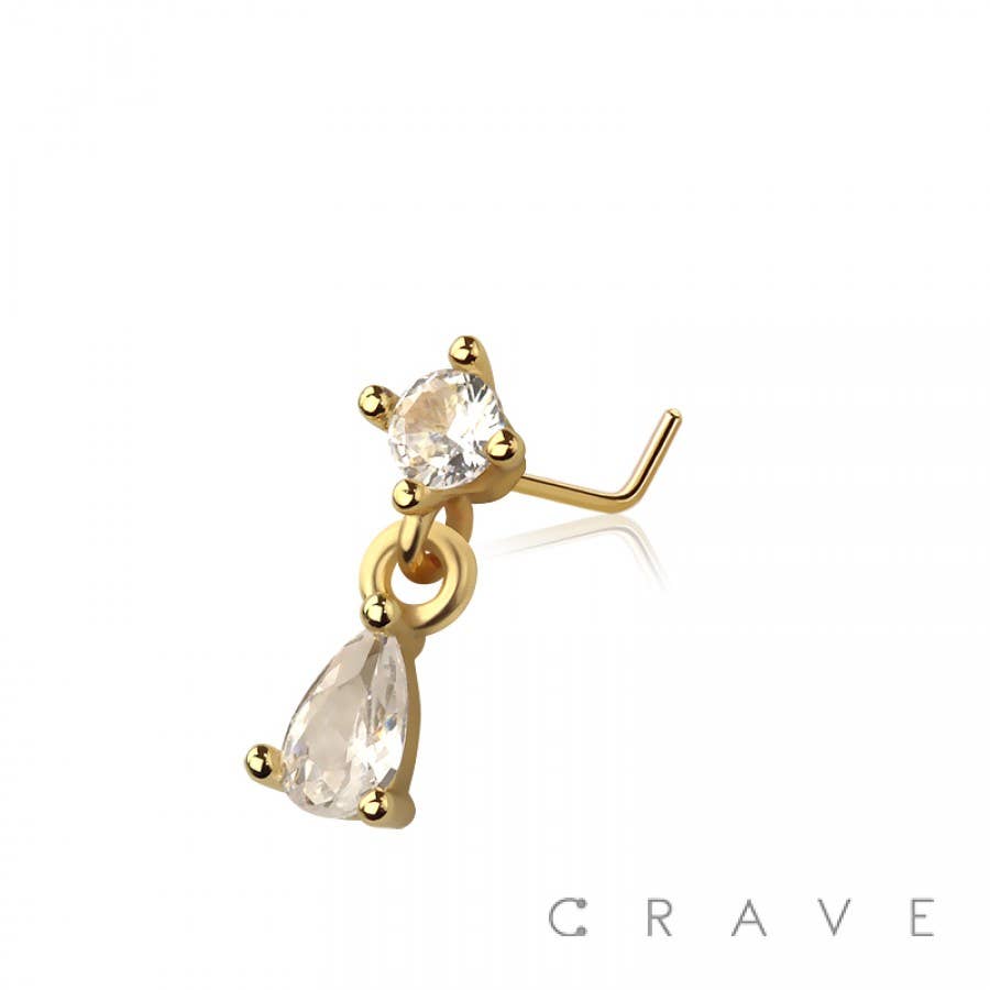 CRAVE - Vente Anneau de nez - ANNEAU DE NEZ EN FORME DE L EN ACIER CHIRURGICAL 316L AVEC PENDENTIF EN FORME DE GOUTTE ET CZ0