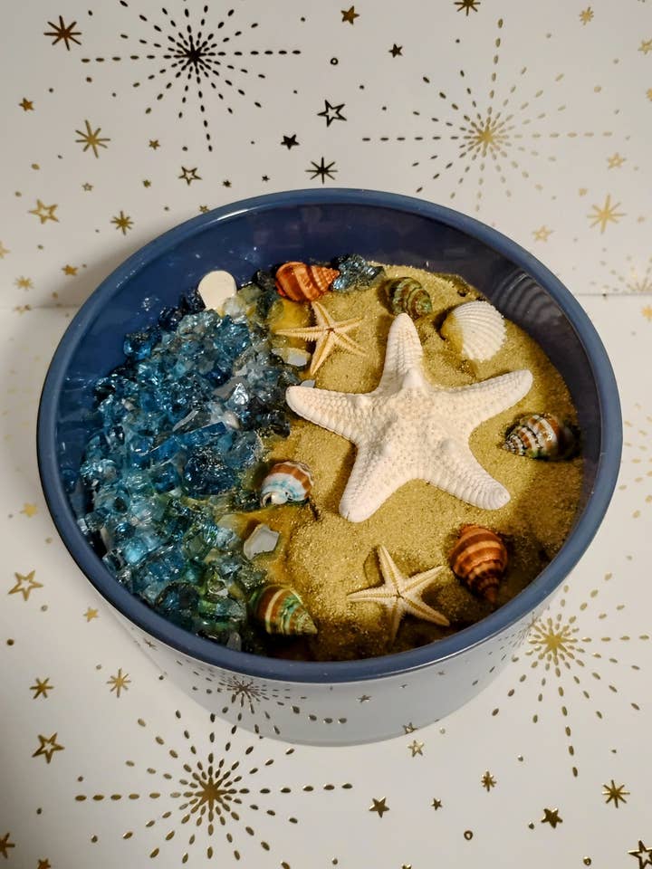 Bougie en cire de soja à thème plage dans un bol en céramique bleu 425g pour la vente par Ethereal Elements CT