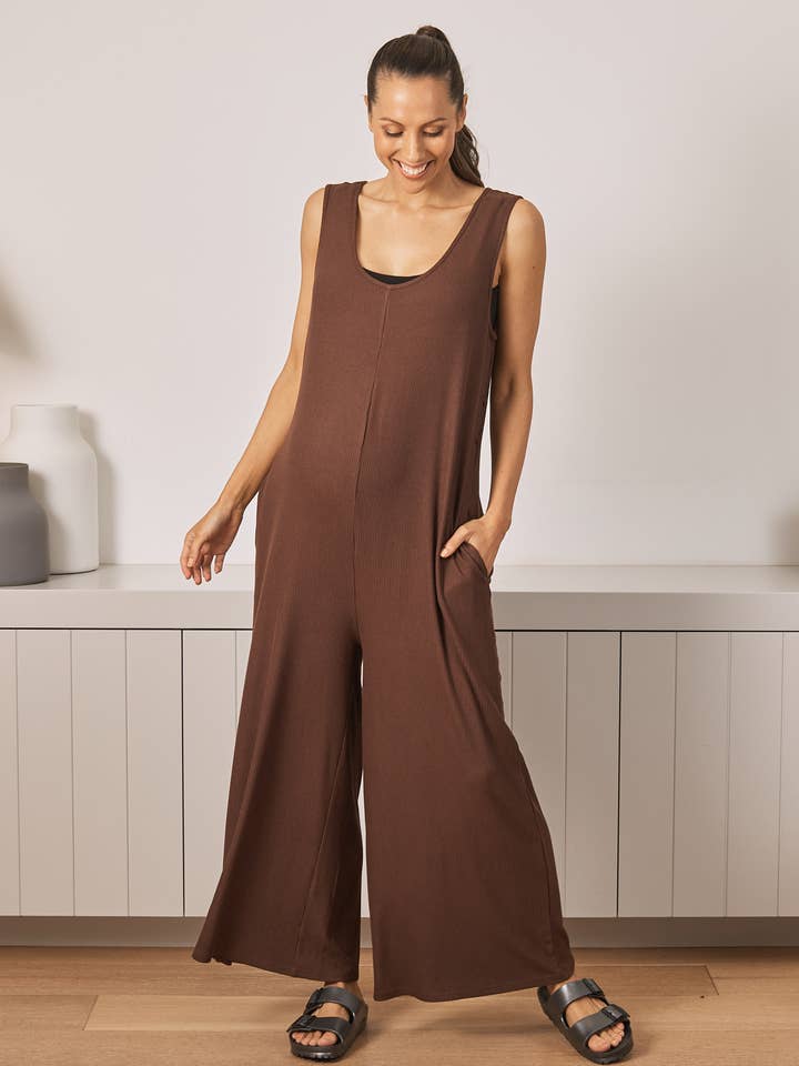 Marion Maternity Ribbed Jumpsuit in Chocolate for wholesale by Angel Maternity