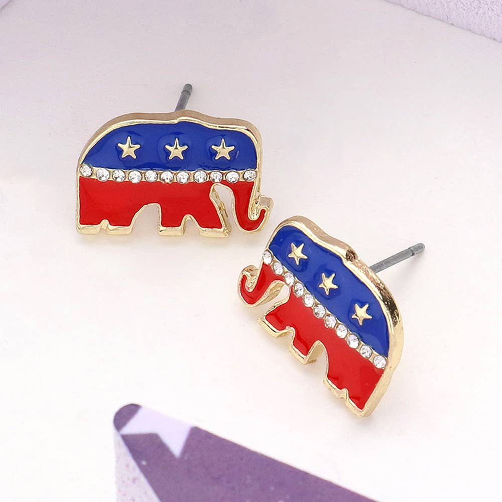 Sensibling Corp. - Wholesale Stud/Post Earrings - Stone Paved American USA Republican Elephant Stud Earrings