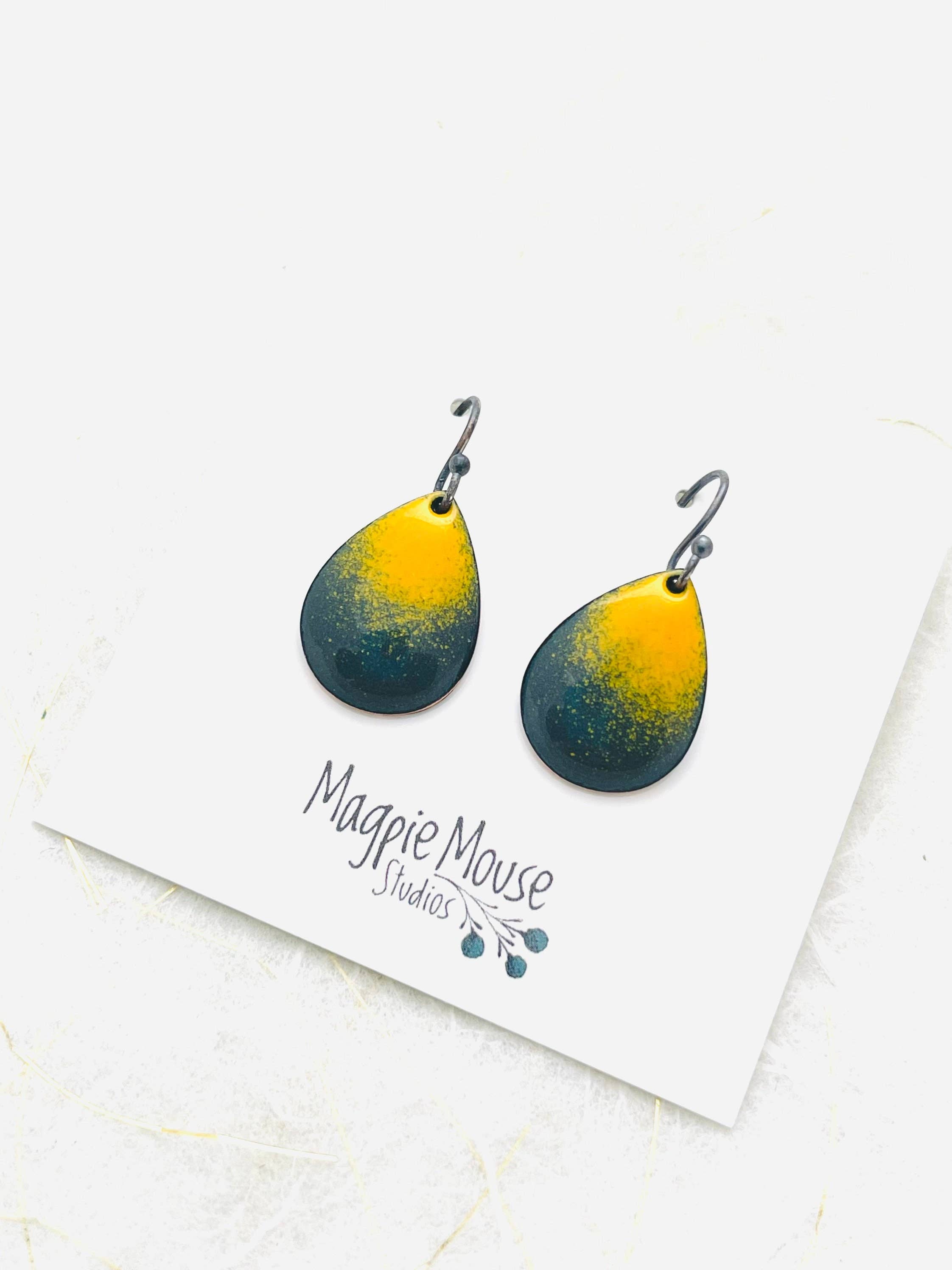 Magpie Mouse Studios – wholesale Dangle earrings – Small Teardrop Earrings, Dark Gray and Yellow Enamel 2