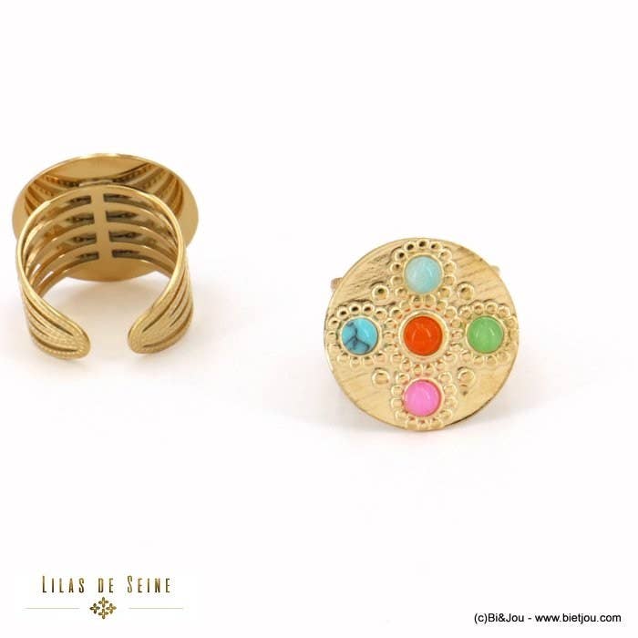 Lilas de Seine - Wholesale Cocktail/Statement Ring - Gothic stainless steel ring with mother-of-pearl cabochon 0422011
