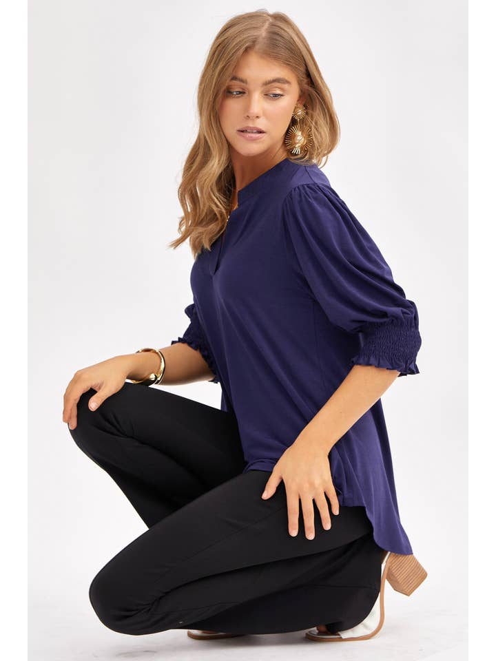 Dear Scarlett - Wholesale Blouse - Women's - Mandarin Collar 3/4 Smock Sleeve Blouse