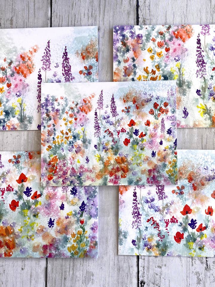 Watercolor Wildflower Cards, Set Of Five Blank Cards With Envelopes, Created With Different Portions Of The Same Original Painting for wholesale by Lone Fir Artisans