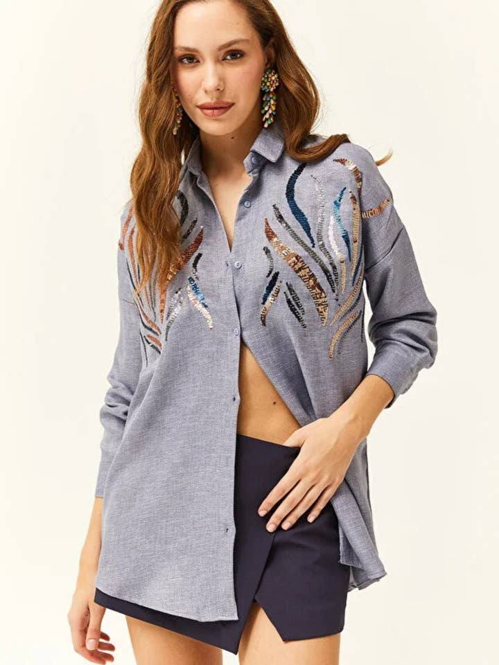 Camisa de invierno oversize con efecto de lana adornada con lentejuelas para venta al por mayor de Hoxton Gal