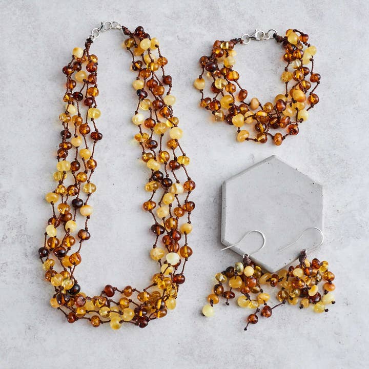 Set van meerstrengen, baltisch barnsteen, halsketting en oorbellen voor wholesale door Marcin Waryszak
