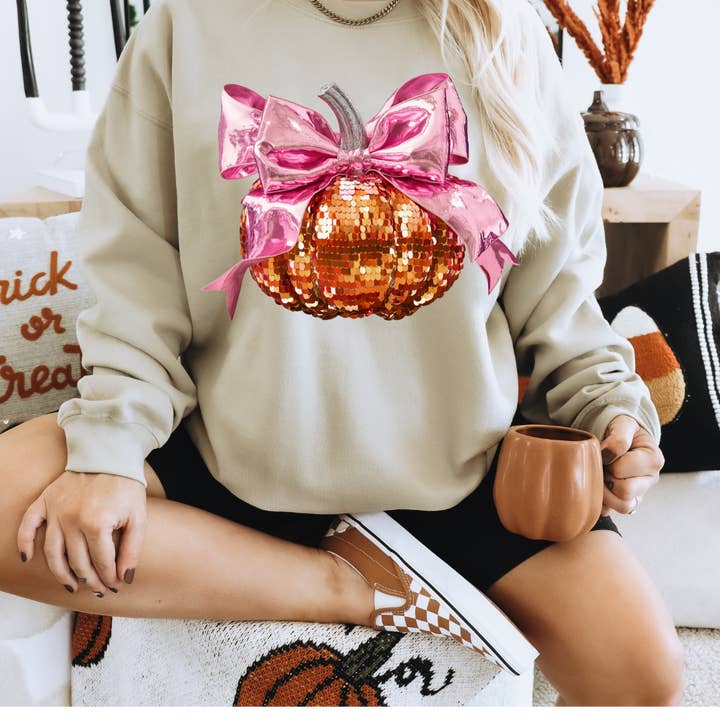 Faux Sequin Pumpkin with bow Sweatshirt for wholesale by Southern Backroad Tees LLC