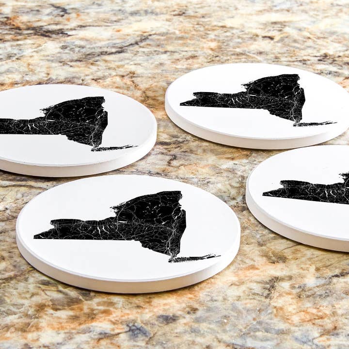 Love Local - Wholesale Coasters - Minimalistic B&W New York State With Map | Absorbent Coasters | Set of 4 | Min 26