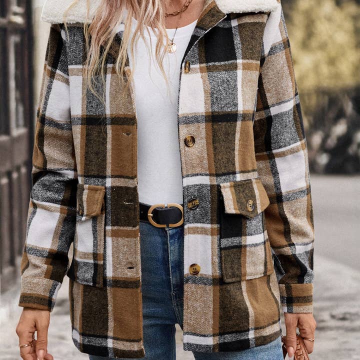 Khaki Polished Lapel Plaid Jacket Women for wholesale on Faire
