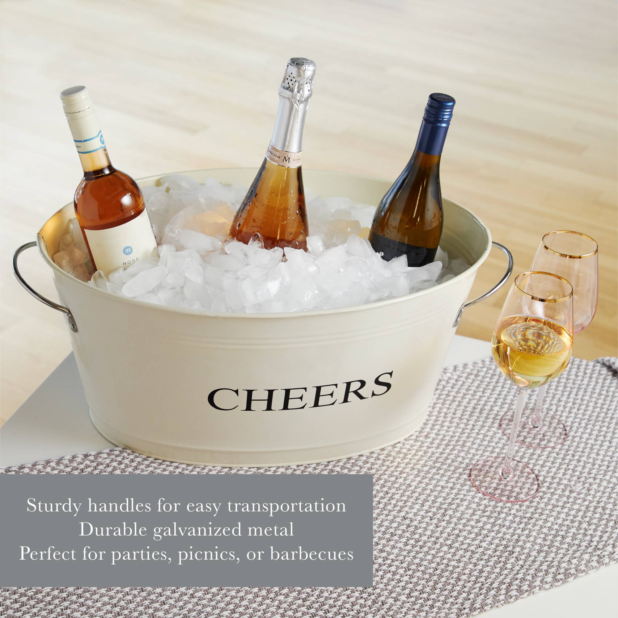 Twine - Wholesale Ice Bucket - Galvanized Metal Beverage Tub with Handles Cheers in Cream6
