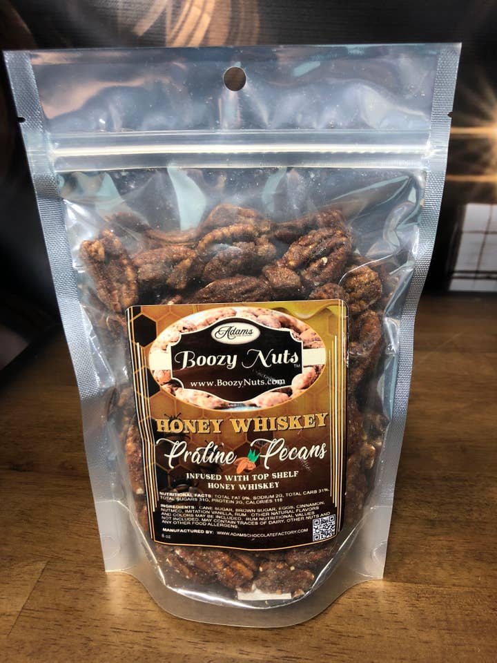 Honey Whiskey Praline Pecans • Boozy Nuts™ 8 oz for wholesale by Adams Chocolate Factory & Boozy Nuts