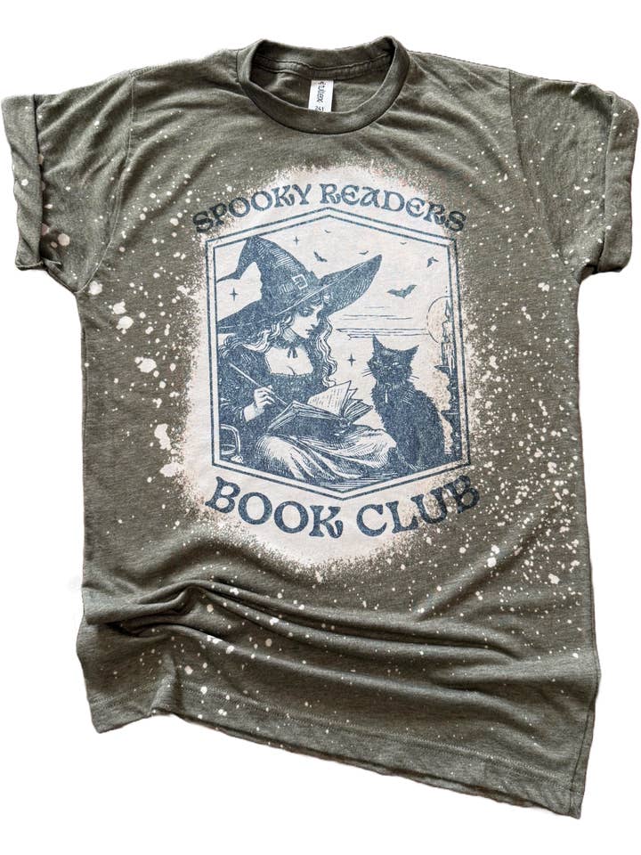 Spooky Readers Book Club - Witch + Cat Bleached Tee for wholesale by Pick Your Poison Tees LLC (Formerly Wandering Owl Designs)