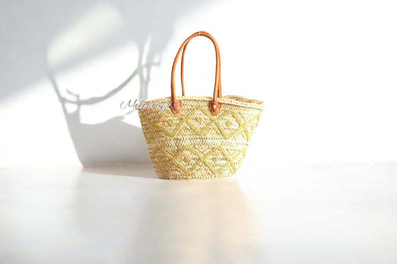 Melecraft – wholesale Basket – Embroidered Straw Tote with Leather Handles1