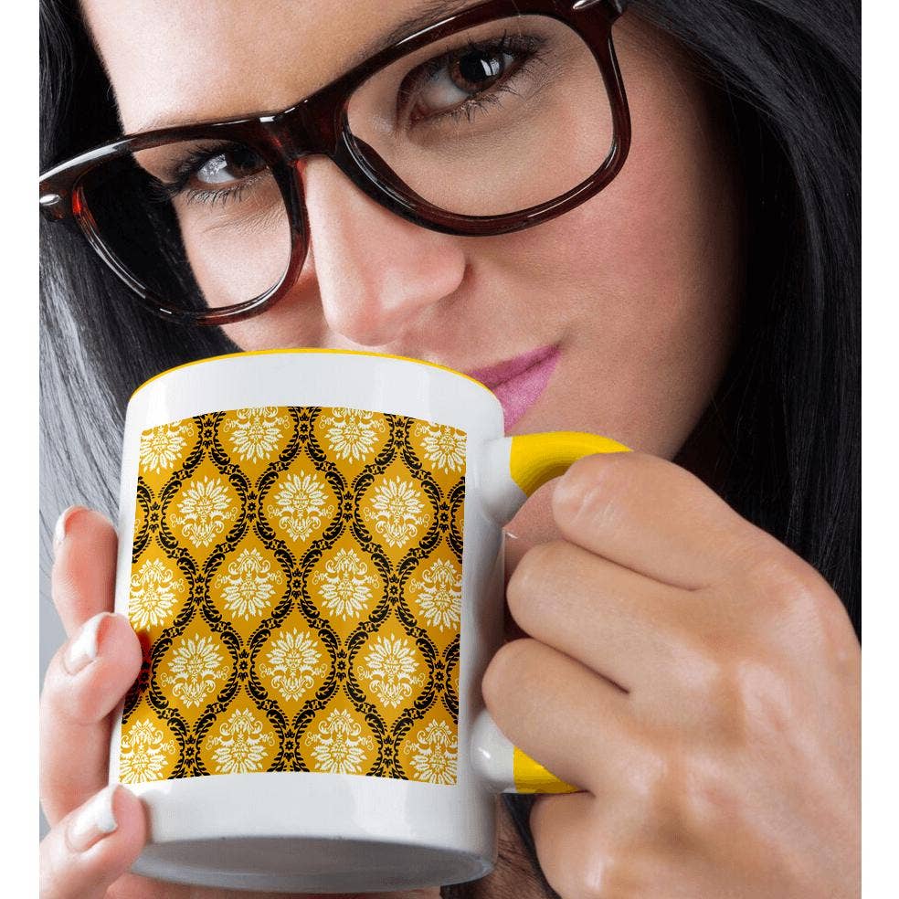 3dRose - Vente Tasse à café - 3dRose, Dooni Designs Motif Damassé Orné Jaune Souci Noir Blanc, Tasse1