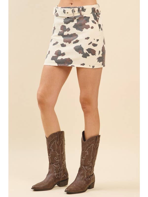 CREAM CS3853-Cow Print Removable Buckle Belt Fitted Mini Skirt for wholesale on Faire1