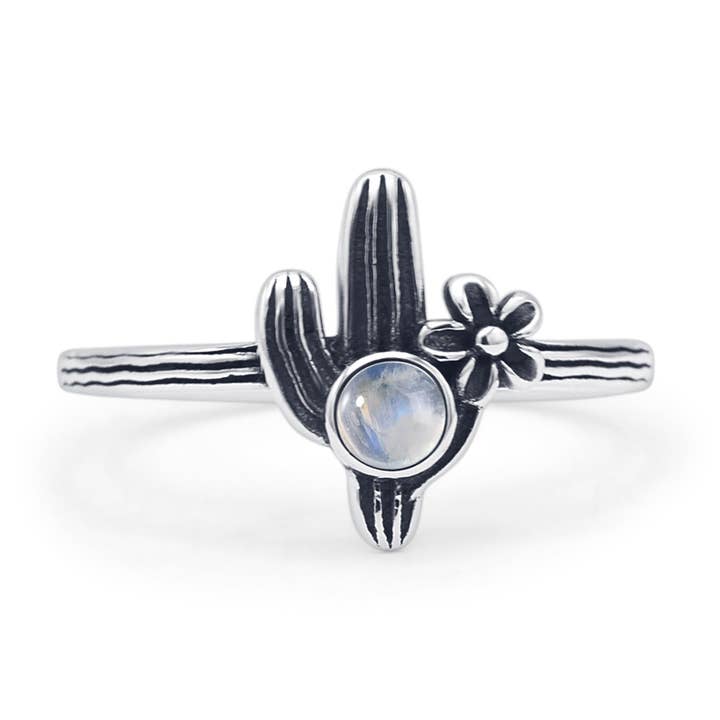 Oxidized Flower Round Moonstone Cactus Ring for wholesale by Blue Apple Imports