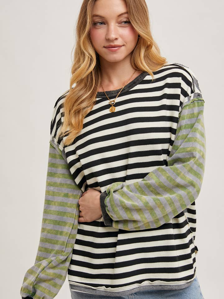 Bluivy - Wholesale Knit Sweater - Women's - STRIPE CONTRAST EXPOSED SEAM LOOSE FIT KNIT PULLOVER