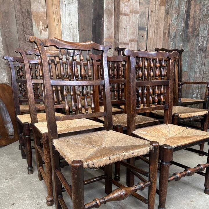Antique Set of 13 Ash & Elm Rush Seated Chairs for wholesale by belvoir