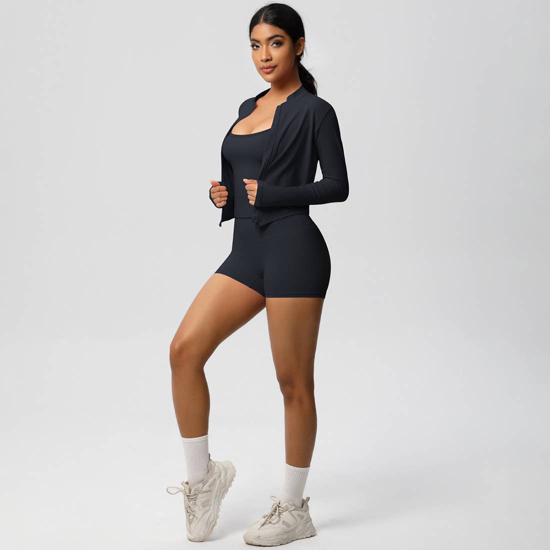 Sodalemon – Conjunto de desporto – Mulher por atacado – Conjunto feminino de yoga justo: top esportivo com interior escovado, jaqueta com zíper e shorts3