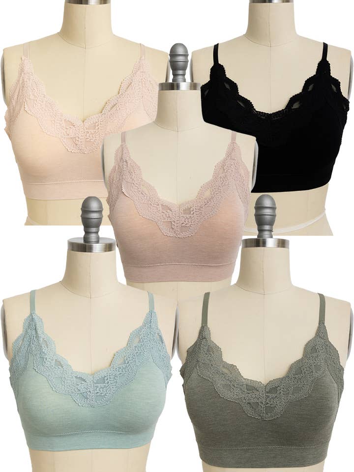 Leto Accessories - Wholesale Bralette - Women's - COMFY! Ultra Soft Lace Trim Ribbed Padded Seamless Bralette