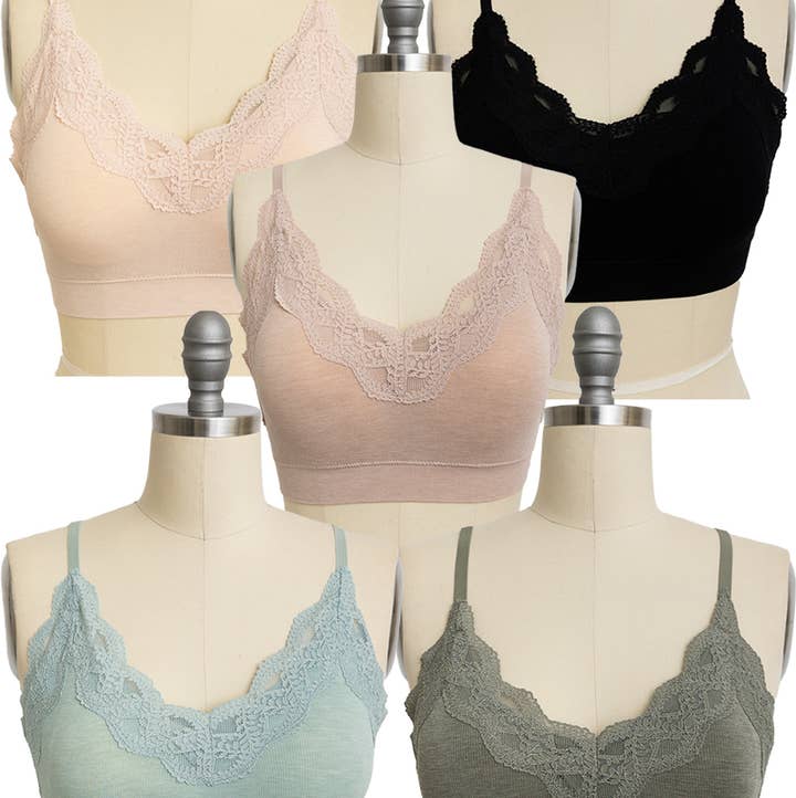 COMFY! Ultra Soft Lace Trim Ribbed Padded Seamless Bralette for wholesale by Leto Accessories