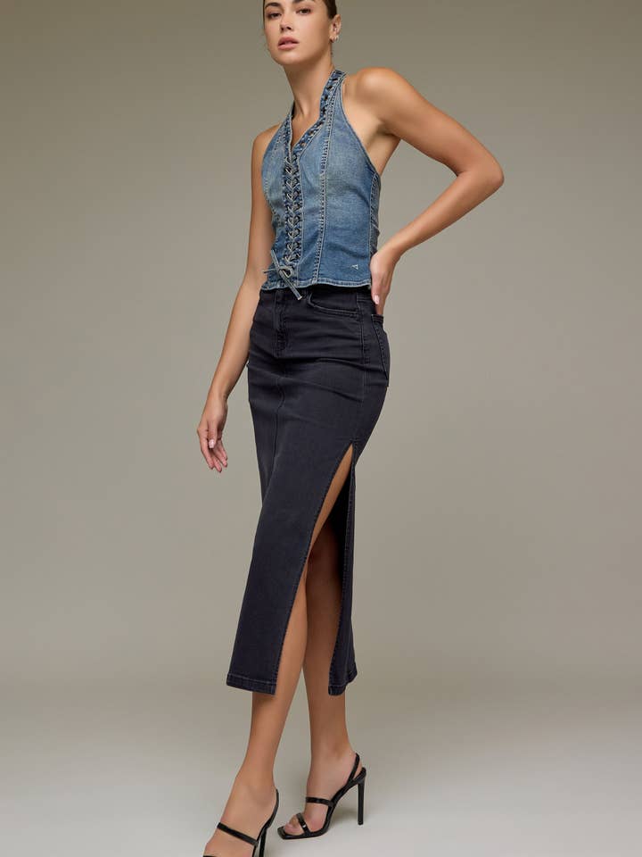 Black Side Slit Stretch Midi Skirt for wholesale by Hidden Jeans