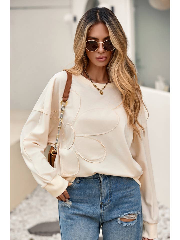 Little Daisy Closet - Wholesale Blouse - Women's - LDC Raw Edge Flower Patch Drop Shoulder Long Sleeve Top