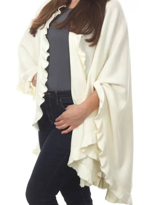 Fennco Styles - Wholesale Poncho - Women's - Ivory Trim Knit Open Front Warm Poncho Cape 1