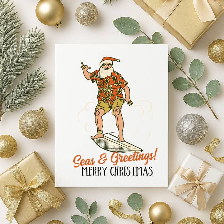 Funny Christmas Card for Family Friends, Retro Surfing Santa for wholesale by Coco Press