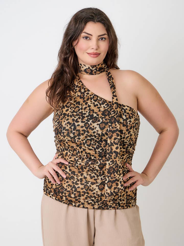Haut dos nu à imprimé léopard avec détail de nœud au cou JK19067-T pour la vente par Haute Fox Plus Size & Contemporary