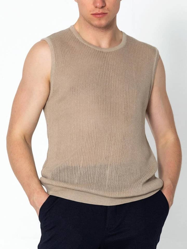 Men's Crew Neck Mesh Tank Top - Stone for wholesale by Ron Tomson