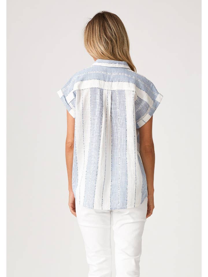 White Blue Stripe Button Down Short Sleeve Collared Blouse for wholesale on Faire