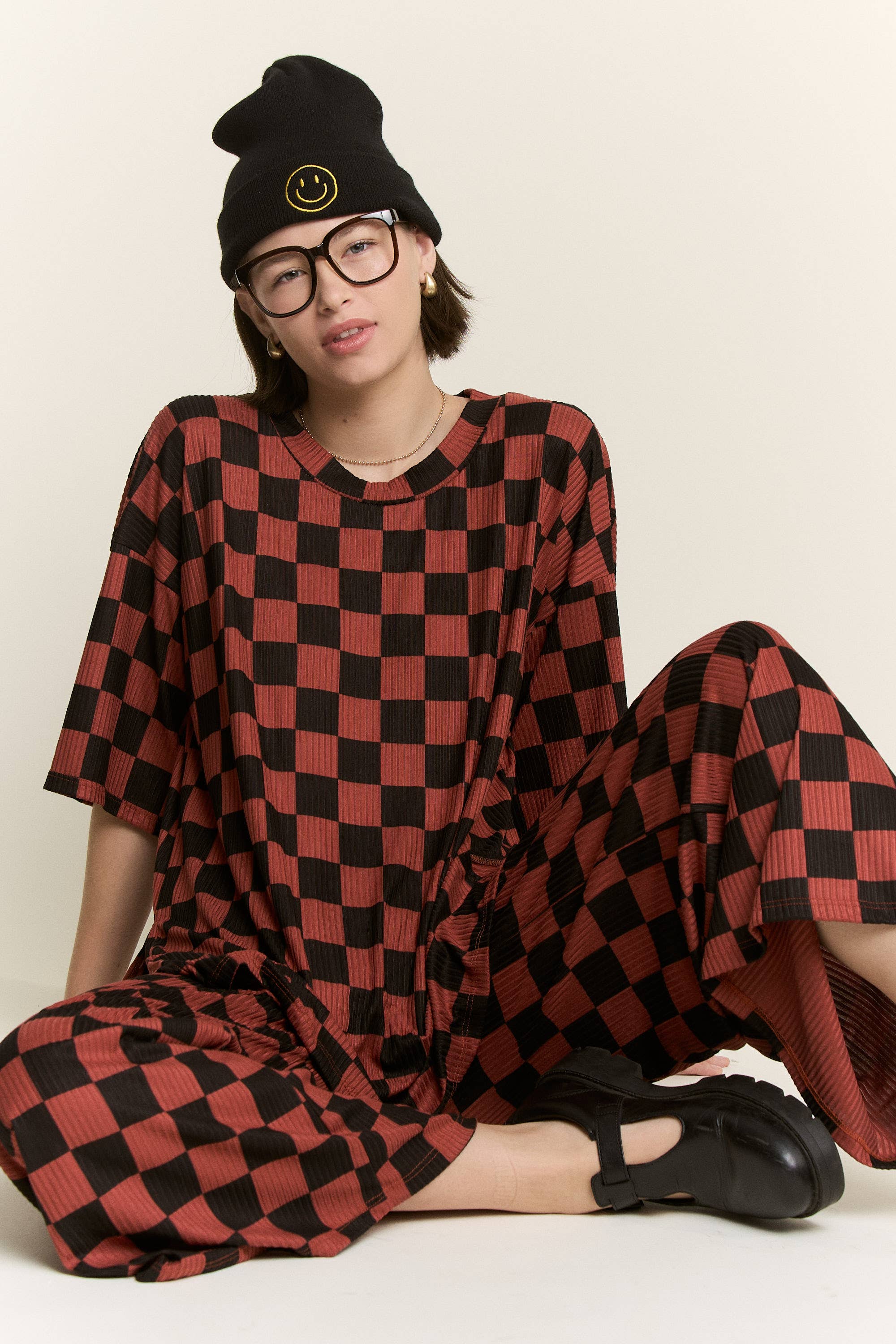 JADE BY JANE - Wholesale Lounge Set - Women's - RIBBED CHECKERED PRINT TOP/STRAIGHT LEG PANTS SET41