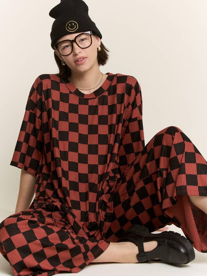 JADE BY JANE - Wholesale Lounge Set - Women's - RIBBED CHECKERED PRINT TOP/STRAIGHT LEG PANTS SET41