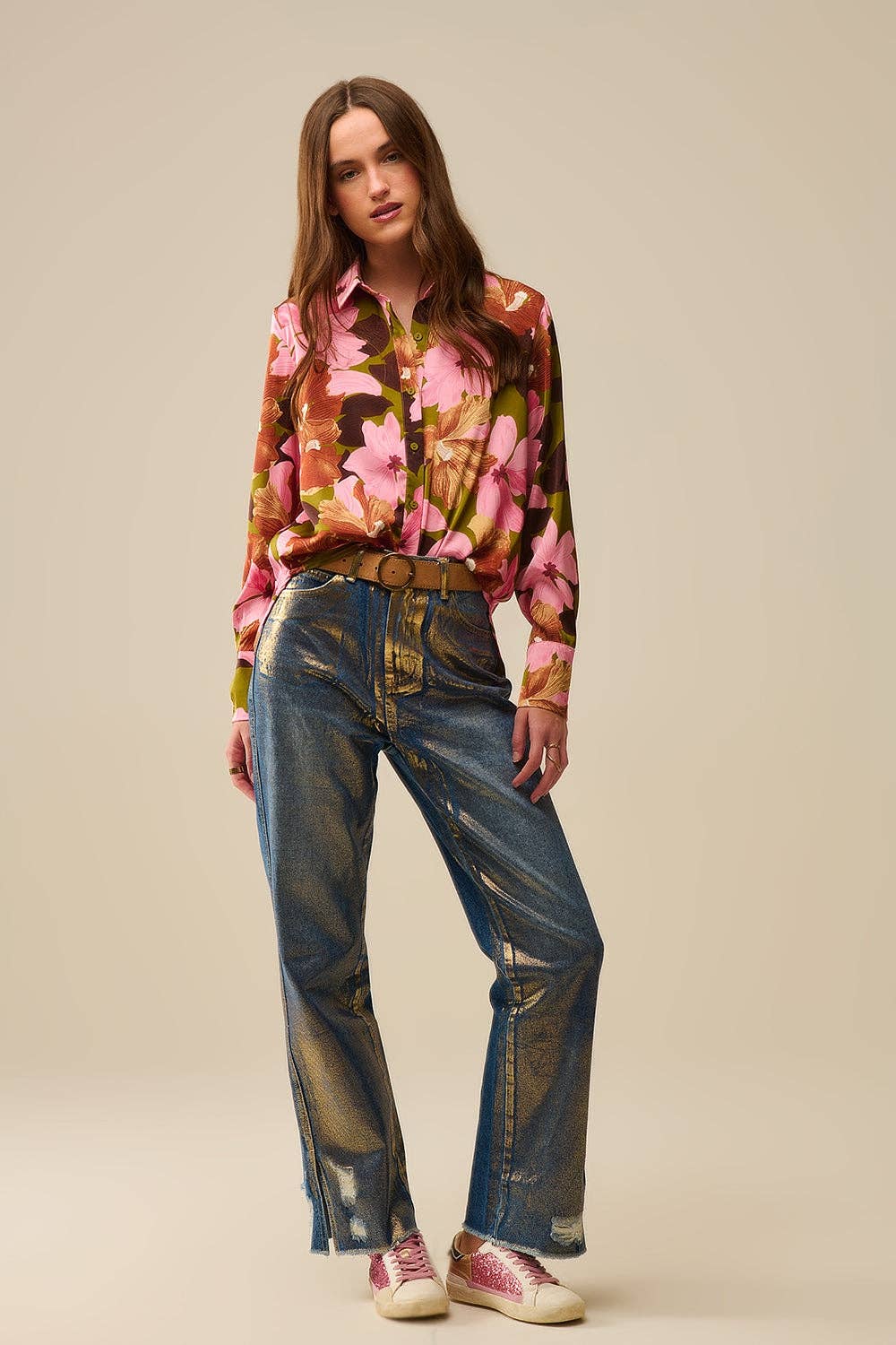 GRØN Satinfærdig tropisk blomstret skjorte i olivengrøn for engroshandel på Faire3