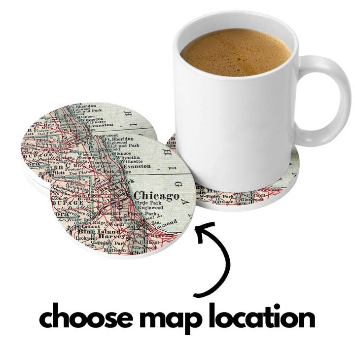 Custom Vintage Map Ceramic Cork-Backed Coaster Personalized for wholesale by Daisy Mae Designs
