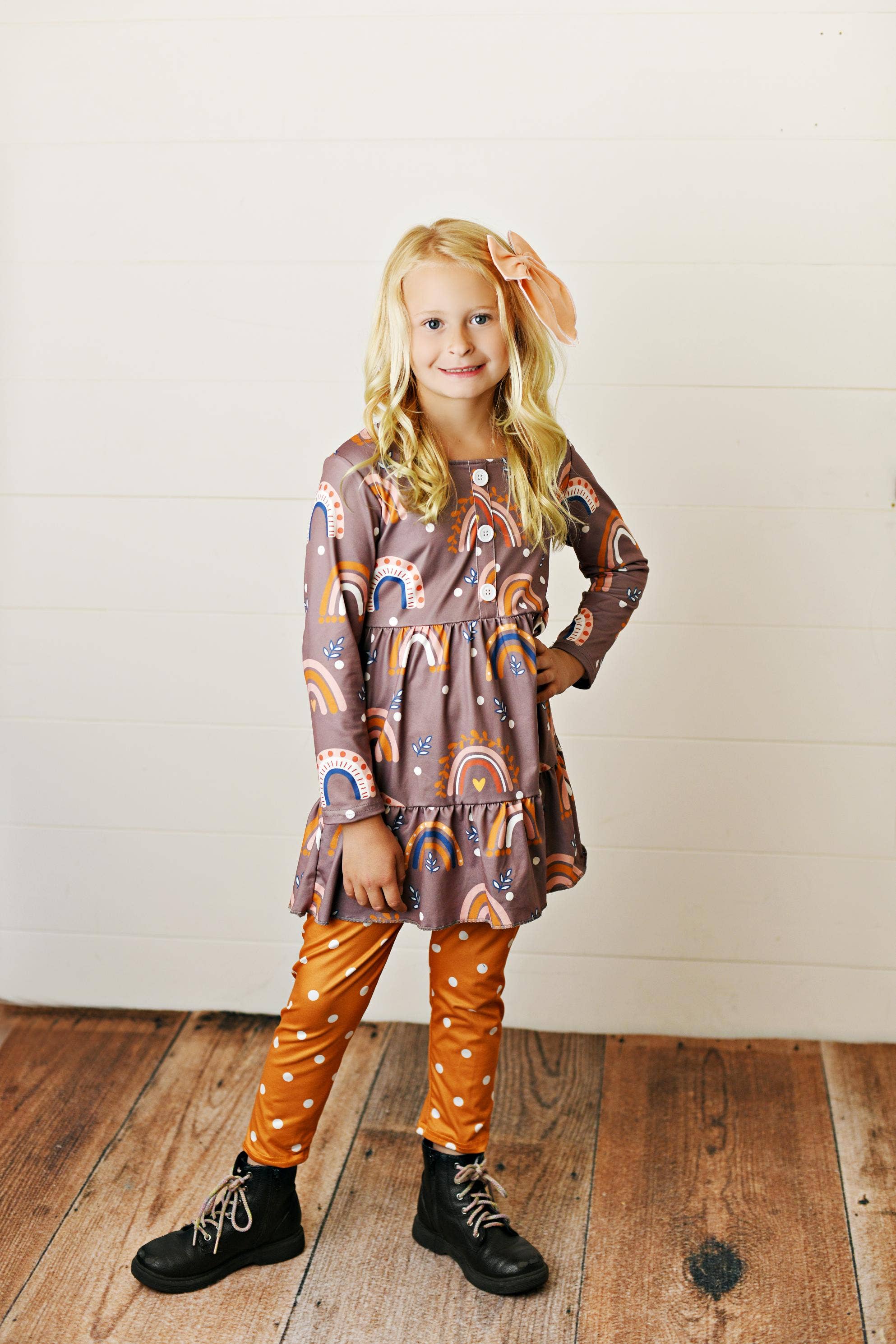 Adorable Sweetness - Wholesale Top & Leggings Set - Kids - Kids Rust Rainbow Polka Dot Fall Two Piece Tiered Button Set1